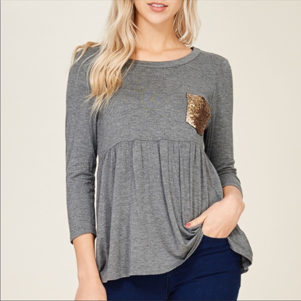 Gray Sequin pocket top